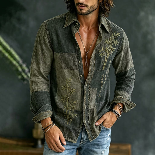 Men's Vintage Patchwork Cotton Linen Shirt | Dark Olive Bamboo Embroidered Long Sleeve Casual Shirt | Disssom.online