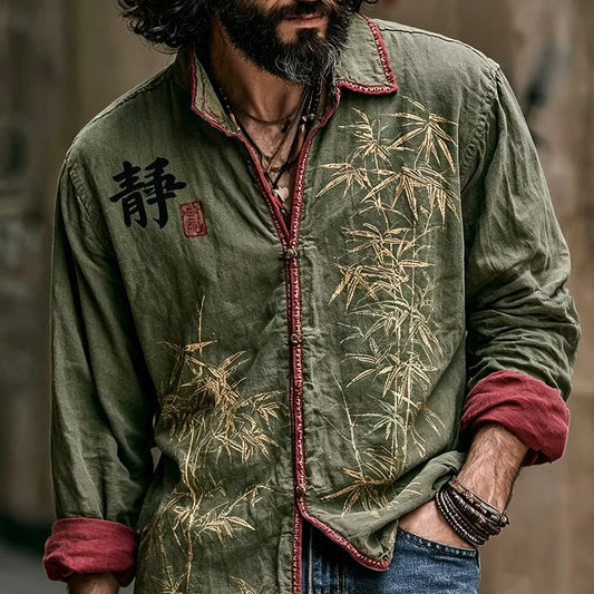 Men's Olive Green Vintage Bamboo Print Casual Cotton Linen Shirt | Long Sleeve Retro Button-Up