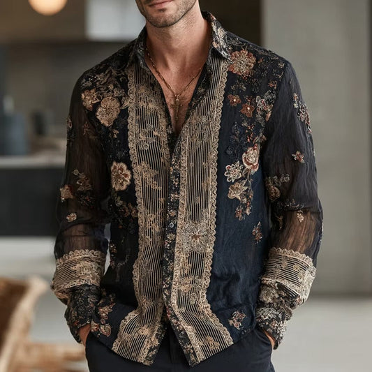 Men's Black Floral Embroidered Mesh Shirt | Luxury Long Sleeve Sheer Party Button-Up | Disssom.online