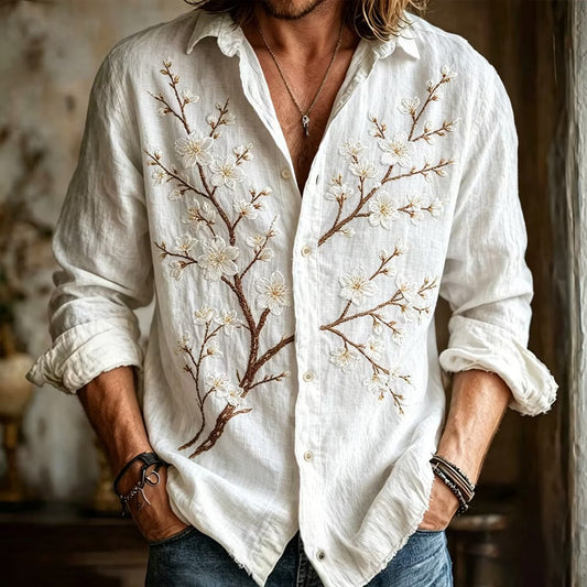 Men's White Cherry Blossom Embroidered Linen Shirt | Premium Long Sleeve Casual Button-Up | Disssom.online