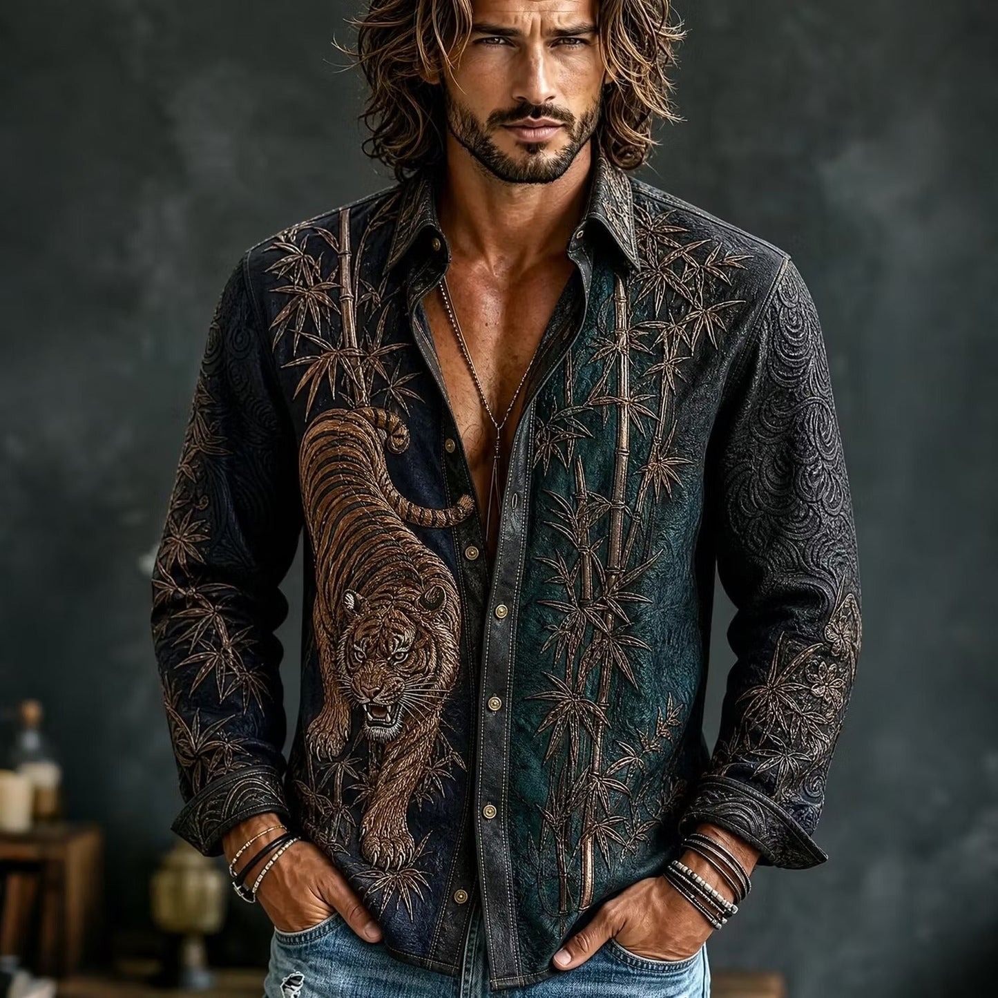 Shop the Men's Olive Green Tiger Embroidered Cotton Linen Shirt at | Disssom.online.
