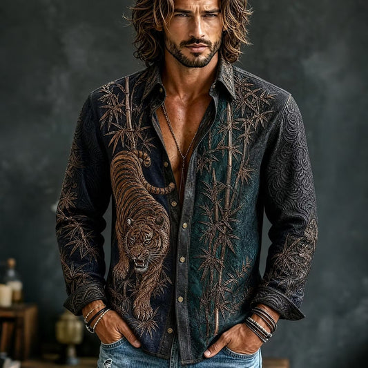 Shop the Men's Olive Green Tiger Embroidered Cotton Linen Shirt at | Disssom.online.