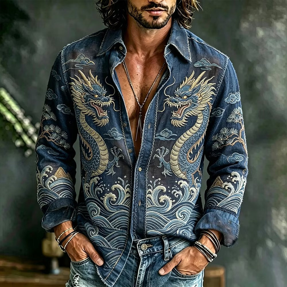 Men's Japanese Twin Dragon Denim Shirt | Vintage Ocean Wave Graphic Button-Up | Disssom.online
