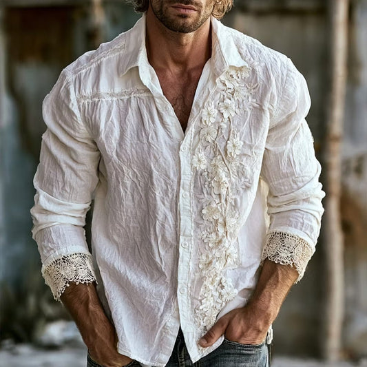 Men's White Floral Embroidered Cotton Linen Casual Shirt | Premium Long Sleeve Vintage Button-Up